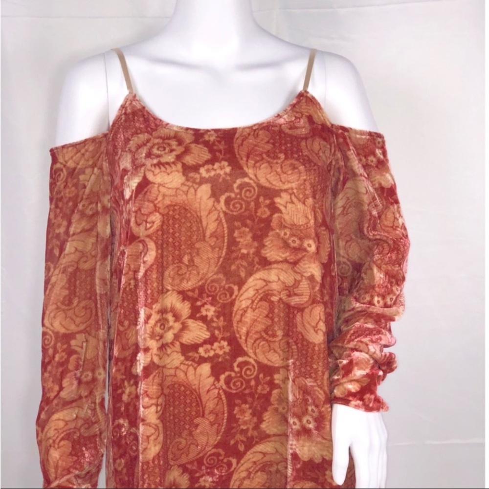 Chaser Vintage Tapestry Velvet Cold Shoulder Hi-Lo Cross Strappy Back Dress SzM - Picture 13 of 14